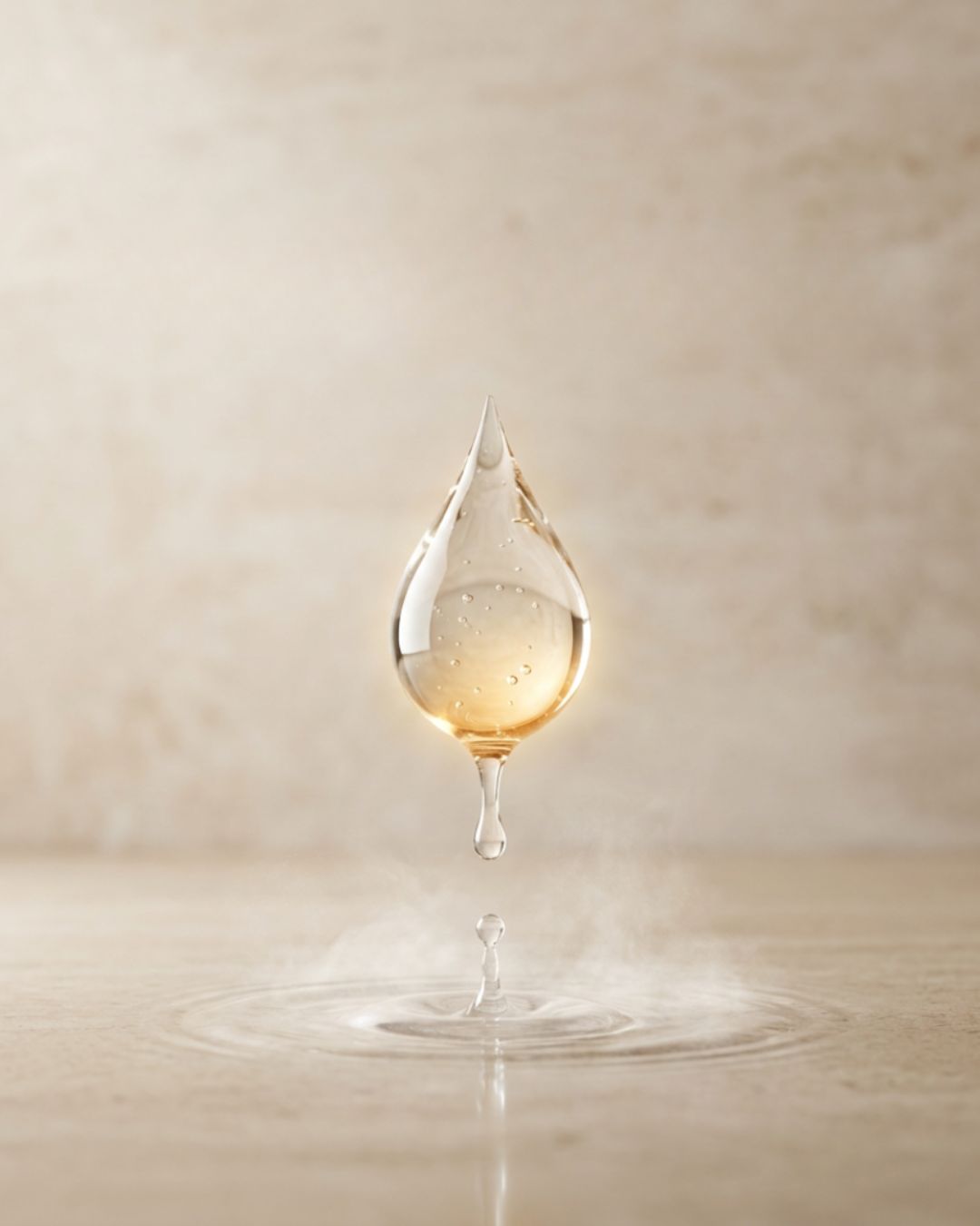 A single amber droplet suspended above the surface of still water on a warm plaster ground.