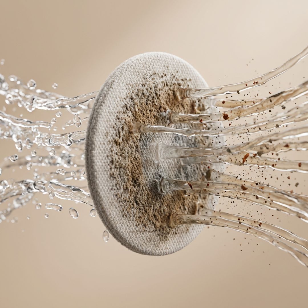 A micro-fabric filter disc holding brown sediment, with water passing through it.