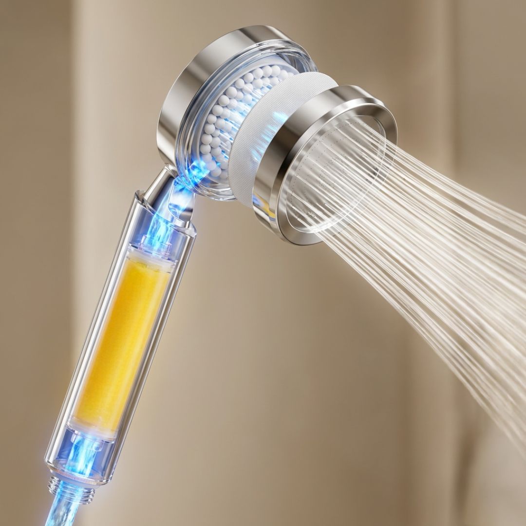 The internal water path of a Suhae handshower, with the cartridge below and spray leaving the plate.