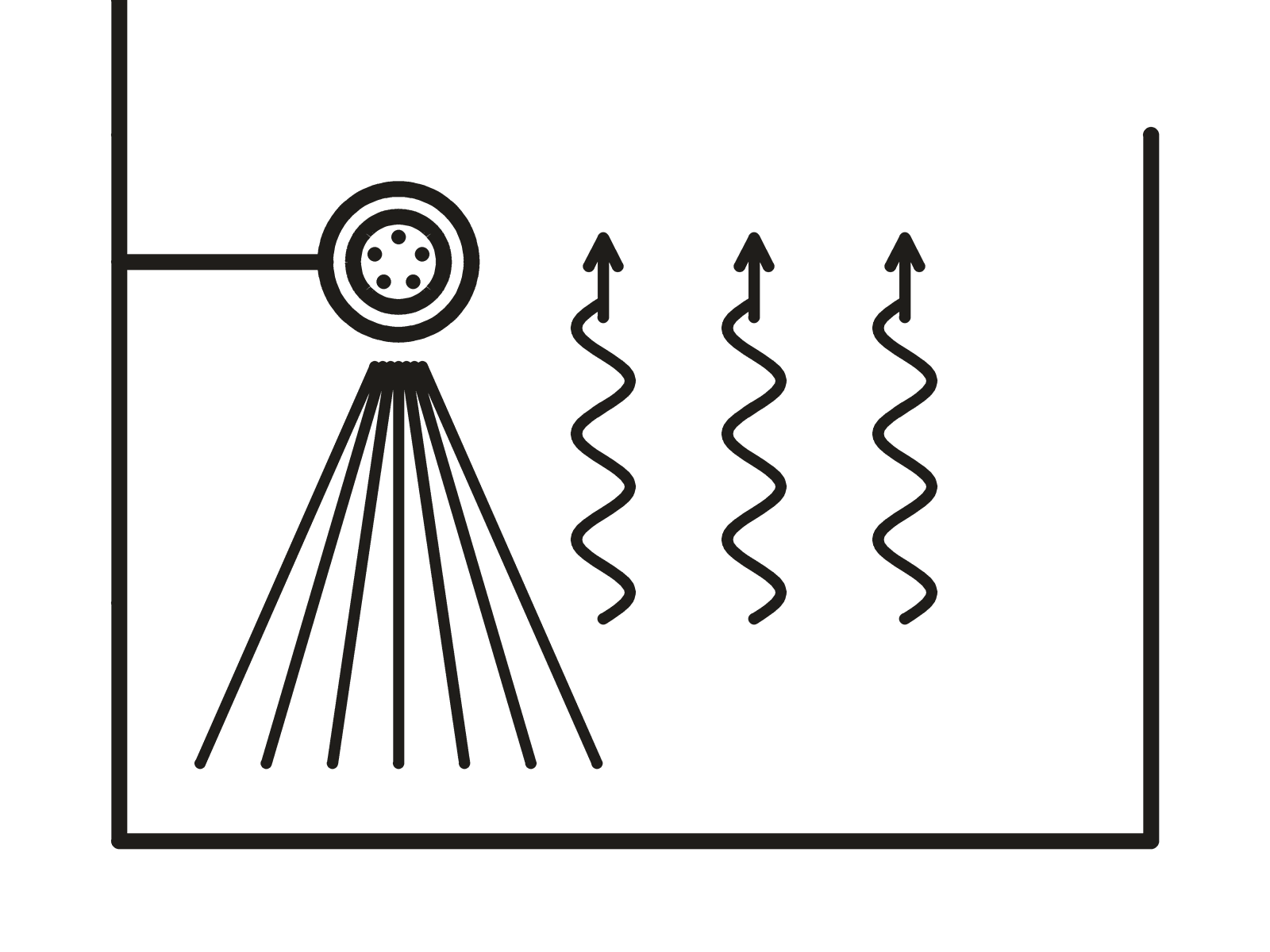 Line drawing of a shower recess, with wavy paths rising away from the spray and out of the water.