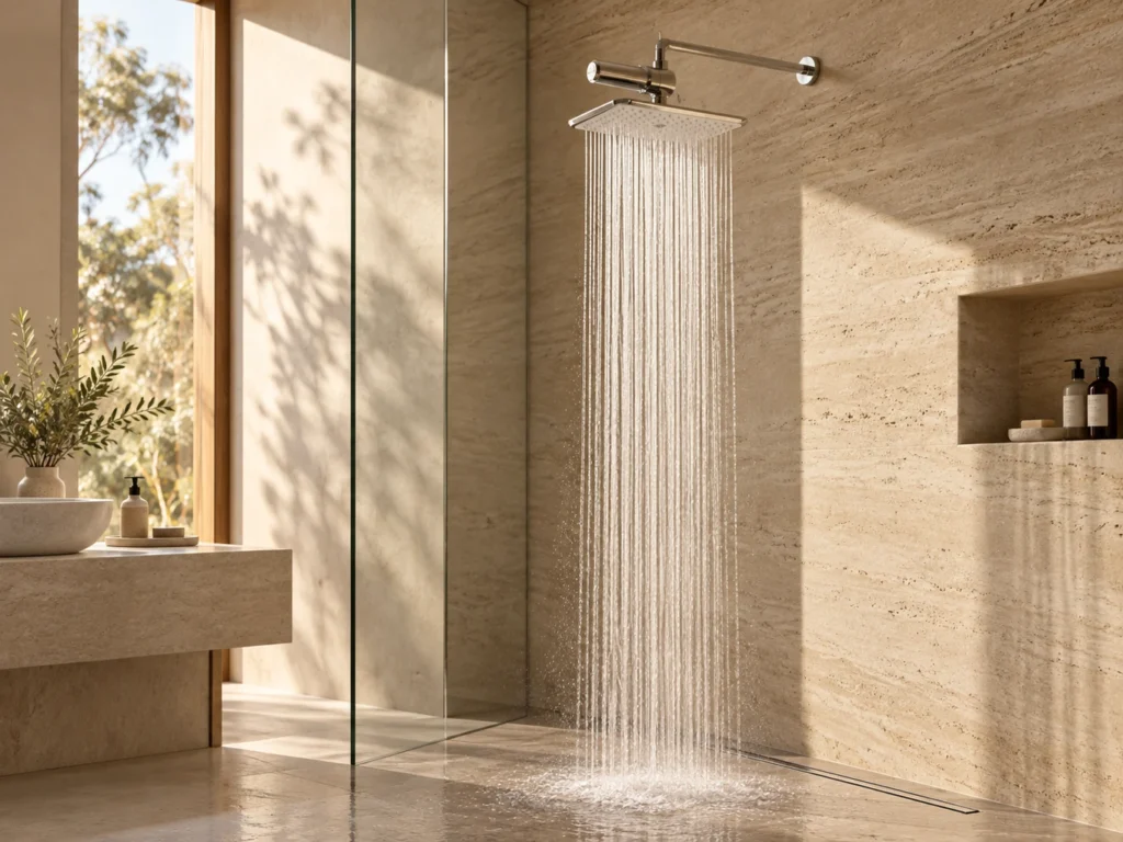 SUHAE Aura overhead shower installed in a warm, modern bathroom